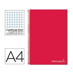 Cuaderno espiral Liderpapel A4 microperforado Jolly tapa forrada 140 hojas 75 gr cuadrícula 5 mm 4 taladros color rojo